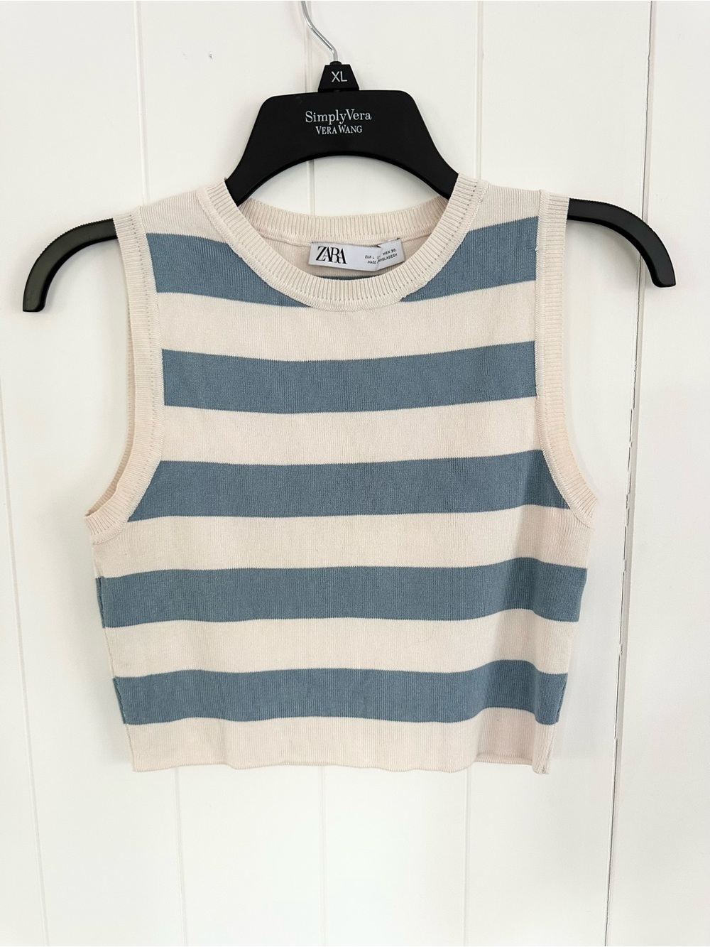 Zara Cropped Cream and Blue Striped Knit Tank